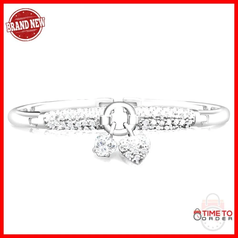 Sterling Silver Bracelet Hinged Bangle Heart Charms Cubic Zirconia Elegant